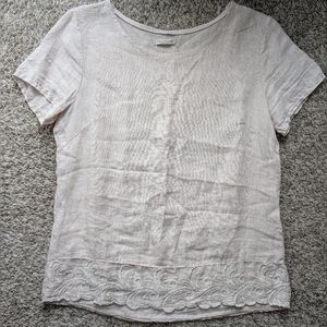 Cream Linen Short Sleeve Top With Lace Hem Women's Size S
